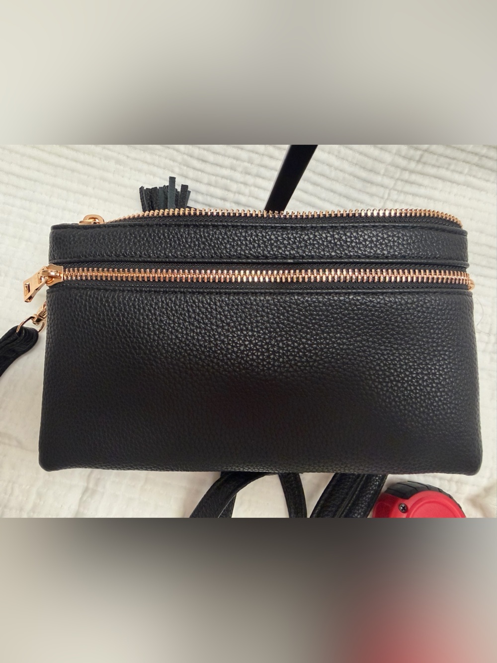 Black Caviar Leather Wristlet Clutch with Gold Logo - Picture 4 of 8